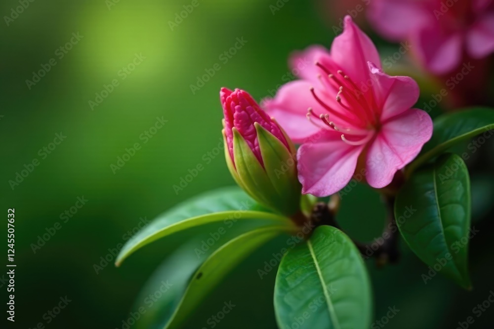 Small green bud nestled among leaves on a Rhododendron branch, blossoms, rhododendron Small green bud nestled among leaves on a Rhododendron branch, blossoms, rhododendron