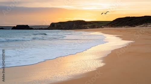 Wallpaper Mural Serene Beach at Sunset with Gentle Waves and Golden Sky Reflections Torontodigital.ca