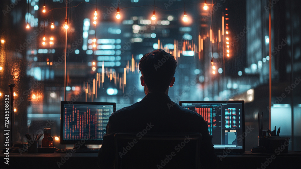 Night City Trader Stock Market Data Analysis Financial Charts Businessman Desk Work Dark Urban Light Night City Trader Stock Market Data Analysis Financial Charts Businessman Desk Work Dark Urban Light