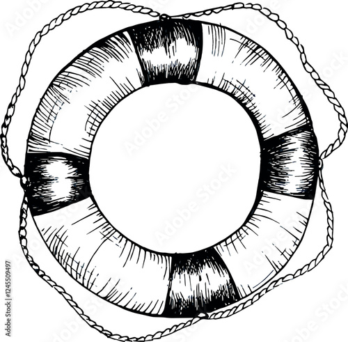 Vector Illustration. Marine Theme. Lifebuoy. Outline Style. Sketches Drawn With Black Ink. Design Element for Wallpaper, Wrapping Paper, Textiles, Summer Accessories, Stationery, Travel Agencies