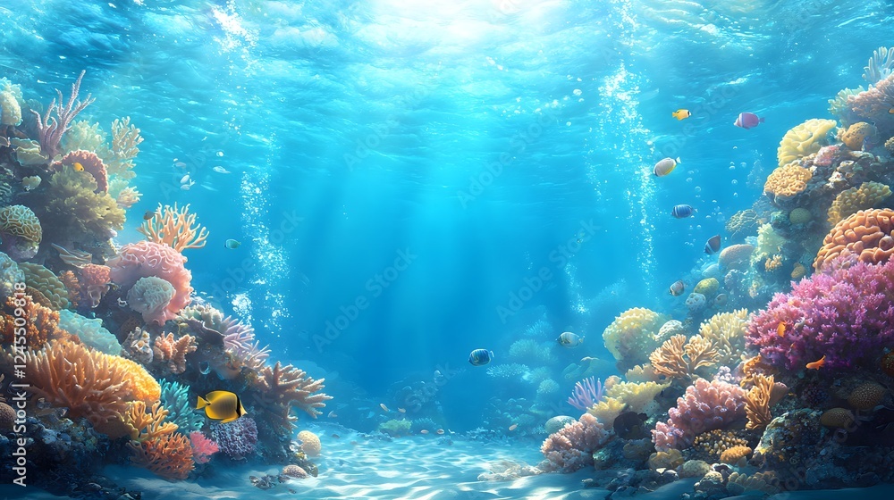 Obraz premium Stunning Underwater Coral Reef Landscape Filled with Vibrant Marine Life Tropical Fish and a Sense of Tranquil A Captivating Destination for Scuba Diving Snorkeling