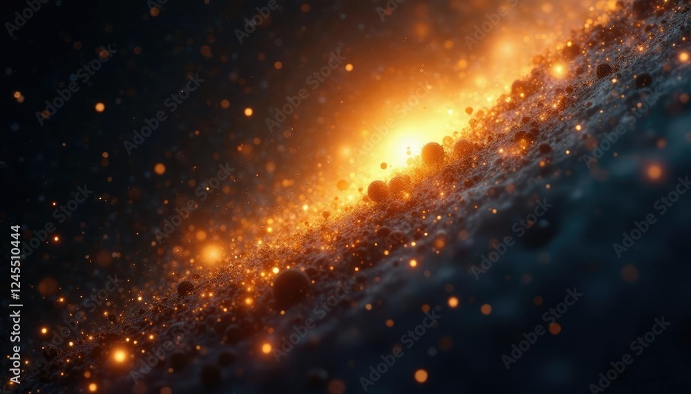 Glittering cosmic dust particles in shades of golden hue suspended amidst a vast starry expanse, color, cosmic, Glittering cosmic dust particles in shades of golden hue suspended amidst a vast starry expanse, color, cosmic,