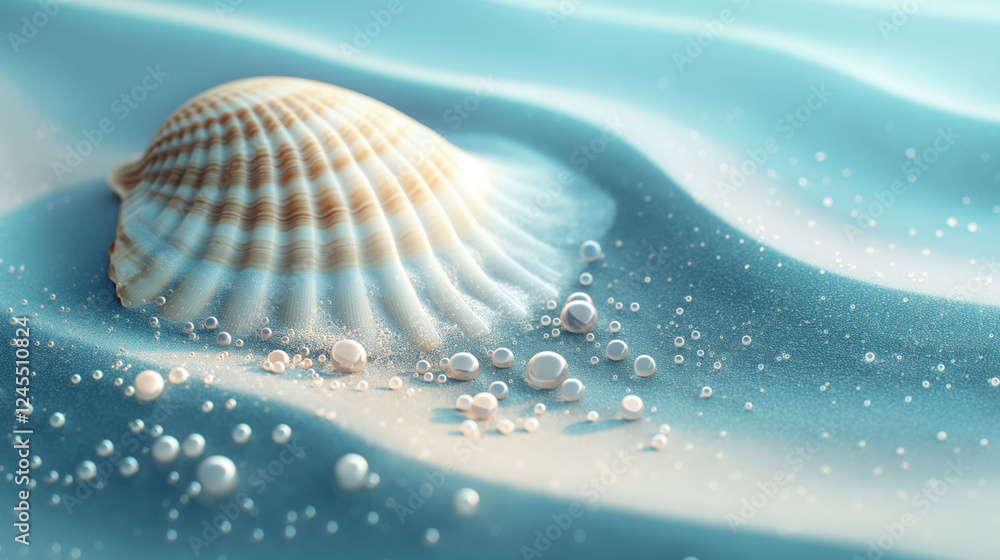Delicate seashell on a serene blue backdrop with sand and water droplets for creative designs Delicate seashell on a serene blue backdrop with sand and water droplets for creative designs