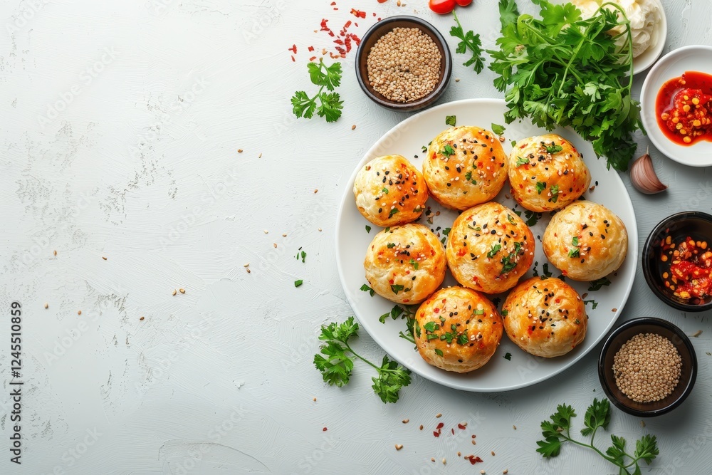 Kimchi Puff Pastry Bites with Fresh Ingredients on White Background Kimchi Puff Pastry Bites with Fresh Ingredients on White Background