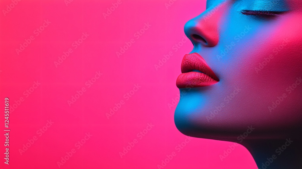 Vibrant Neon Portrait Woman s Face Pink Blue Lighting Closeup Beauty Shot Vibrant Neon Portrait Woman s Face Pink Blue Lighting Closeup Beauty Shot