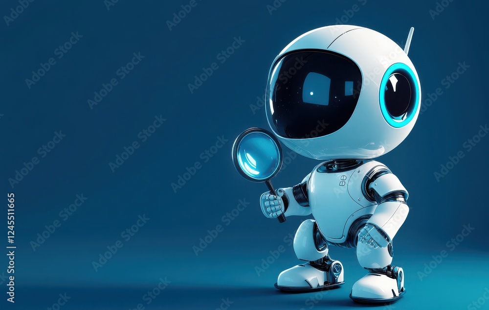 Cute futuristic robot character with a magnifying glass exploring vibrant blue backdrop in a whimsical and playful style Cute futuristic robot character with a magnifying glass exploring vibrant blue backdrop in a whimsical and playful style