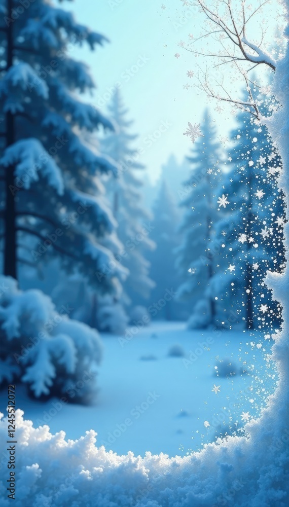Fototapeta premium Frosty window glaze exposes icy blue winter landscape with snowflakes, frosty scene, frosty veil, frosty backdrop