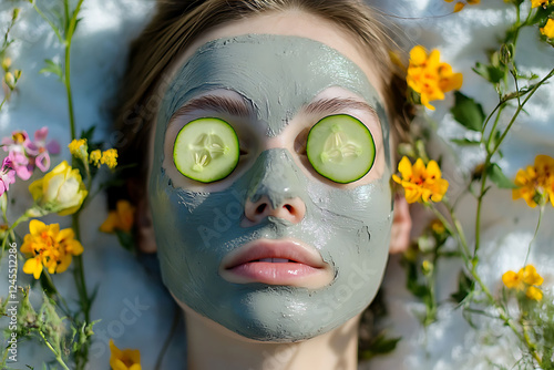Beautiful young woman with a green, soothing, wedge mask on her face. Spa self-care treatments