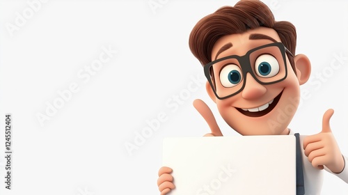 Cartoon character with a smile holding a white card on isolated background with copy space for text