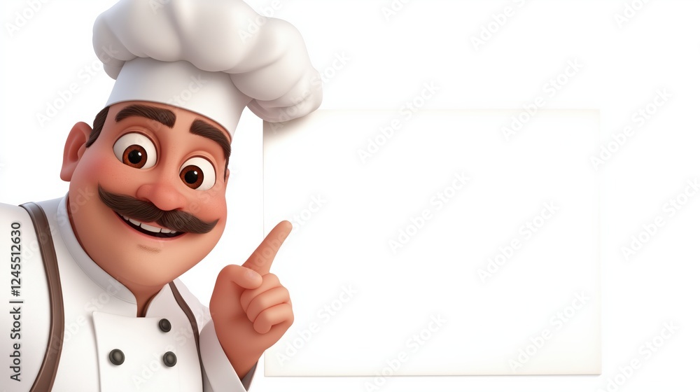 Cartoon chef character with a mustache showing a white card on isolated background with copy space for text Cartoon chef character with a mustache showing a white card on isolated background with copy space for text