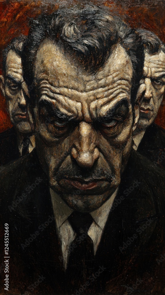 Intense man portrait, triplicate faces, dark background, art print Intense man portrait, triplicate faces, dark background, art print