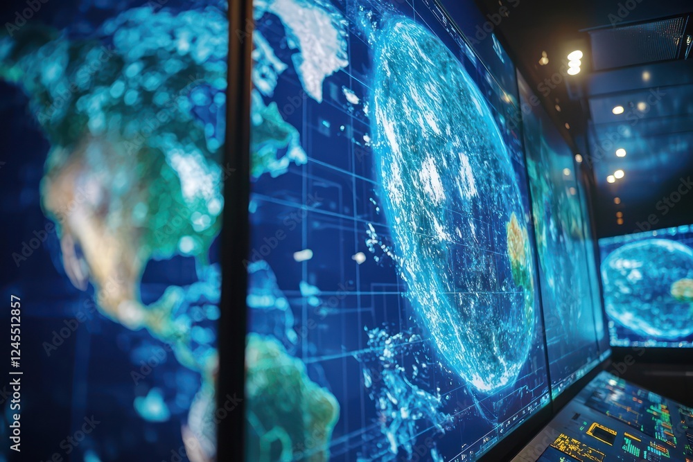Obraz premium Research facility dedicated to climate studies, featuring modeling supercomputers and dynamic simulation displays.