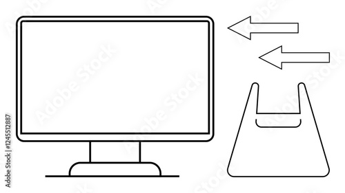 Digital computer monitor, two arrows pointing to shopping bag. Ideal for e-commerce, online shopping, digital retail, internet transactions, electronic commerce, delivery services. Minimalistic