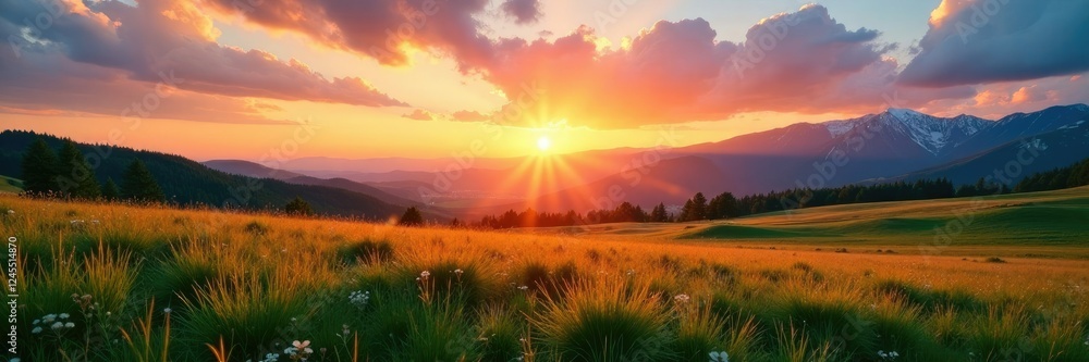 Obraz premium A tranquil meadow at sunset with a hint of snow on the distant mountains, nature, peaceful