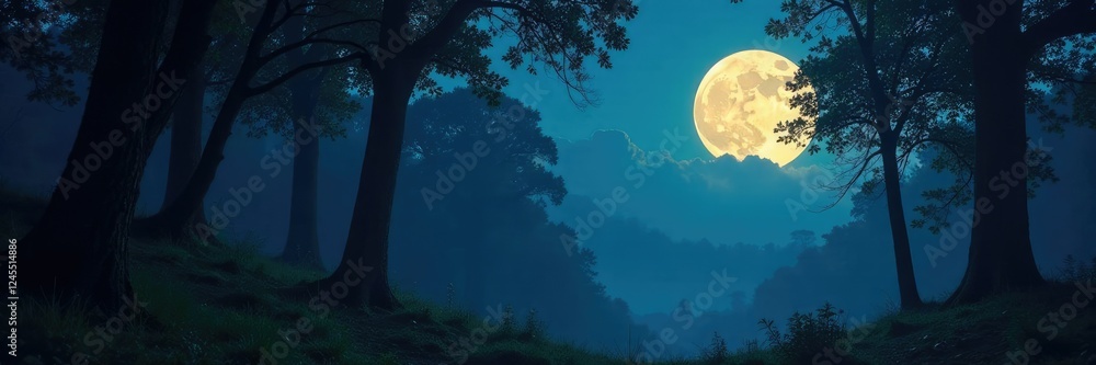 Fototapeta premium A tranquil forest scene illuminated by the soft glow of the full moon, branch, foliage