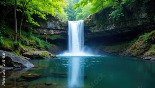 A tranquil pool forms at the base of the falls, reflection, peaceful
