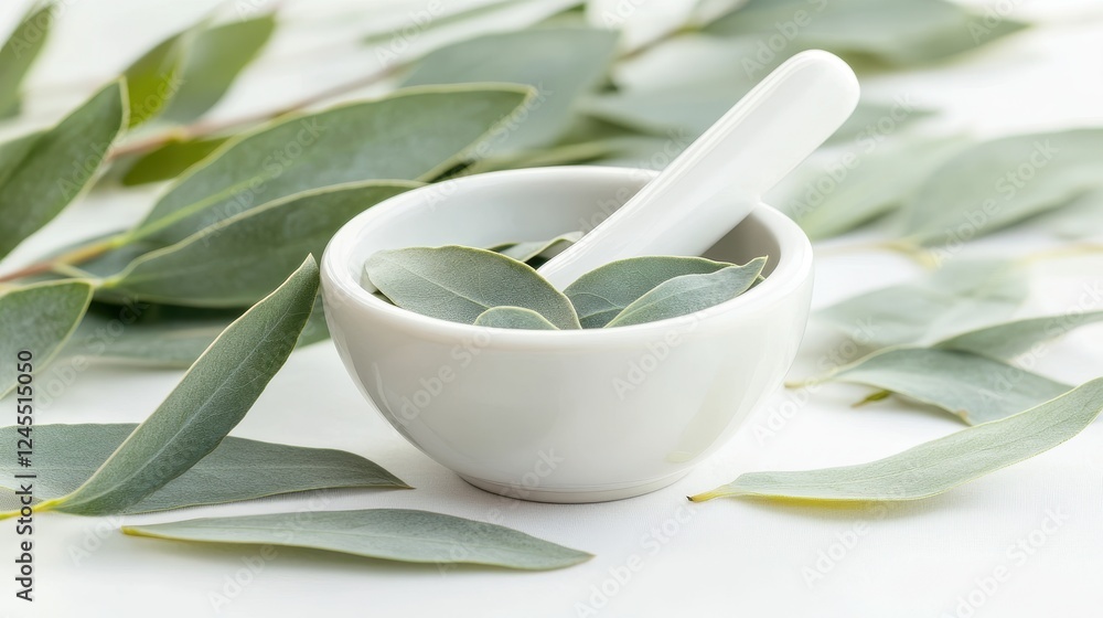 Eucalyptus leaves and white mortar, pestle. Ingredients for alternative medicine and natural cosmetics. Beauty, spa concept Eucalyptus leaves and white mortar, pestle. Ingredients for alternative medicine and natural cosmetics. Beauty, spa concept