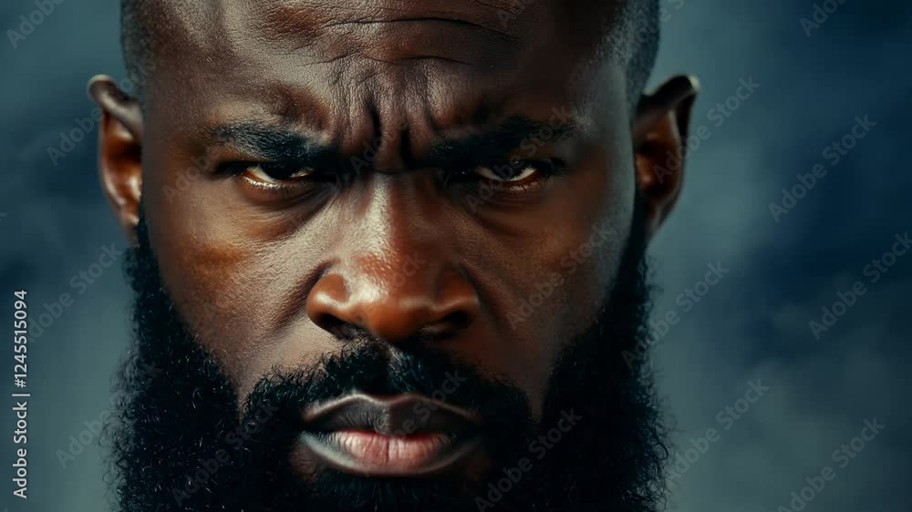 Dramatic close-up video, static, side lighting, man, huge black beard, expressing intimidating authority, blurred, dark, blue background, direct, unwavering gaze, rigid posture, subtle frown Dramatic close-up video, static, side lighting, man, huge black beard, expressing intimidating authority, blurred, dark, blue background, direct, unwavering gaze, rigid posture, subtle frown