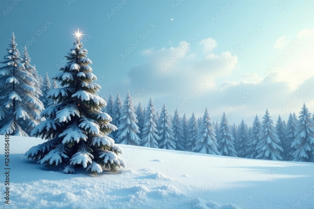 A snow-covered forest stretches towards the pale blue sky with flakes gently falling on a solitary Christmas tree, frosty, forest, cold
