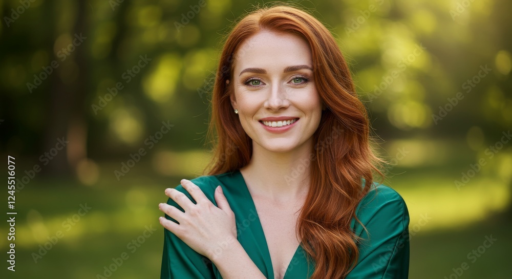 Smiling redhead woman in a teal dress outdoors. Smiling redhead woman in a teal dress outdoors.