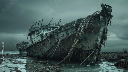 Forgotten Majesty: The Decaying Shipwreck Engulfed by Nature's Wrath photo