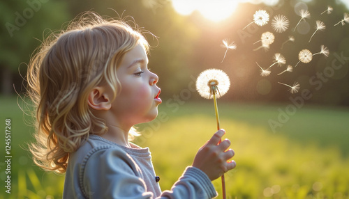 Child blowing dandelion seeds in a sunny summer field