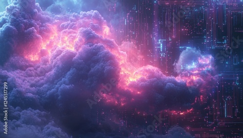 Wallpaper Mural Dreamy Abstract Clouds with Neon Lights and Digital Patterns Creating an Ethereal Atmosphere in a Sci-Fi Inspired Environment Torontodigital.ca