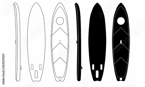 Stand up paddleboard (SUP) illustration with multiple views: wireframe, solid, and side profiles. Ideal for water sports, marine design, and outdoor activity graphics