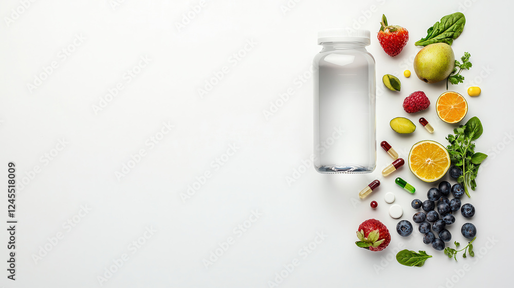 Fresh fruits, vitamins, and supplements arranged around clear bottle Fresh fruits, vitamins, and supplements arranged around clear bottle