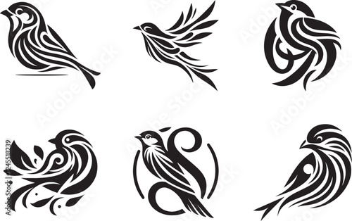 Tribal bird tattoo vector set with floral and ornamental design photo