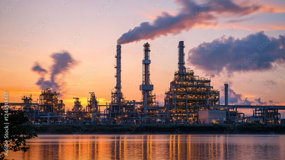 Naklejka premium A serene view of an oil and gas plant at sunset, with steam gently rising against a pastel sky. The mix of nature and industry creates a sense of balance, life, and continuous energy flow. 