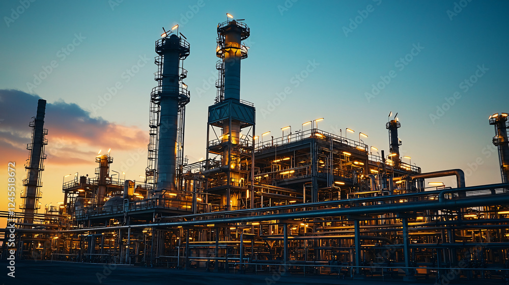 Obraz premium A serene view of an oil and gas plant at sunset, with steam gently rising against a pastel sky. The mix of nature and industry creates a sense of balance, life, and continuous energy flow. 