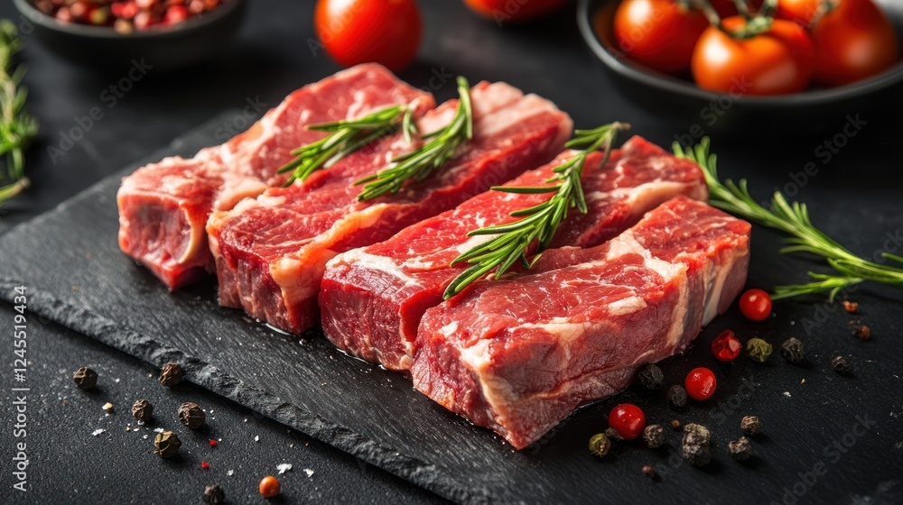Raw beef steaks with rosemary and peppercorns on slate. Raw beef steaks with rosemary and peppercorns on slate.
