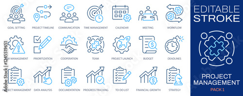 Project management icon set. Collection of collaboration, workflow, milestones, deadlines and more. Vector illustration. Editable stroke.