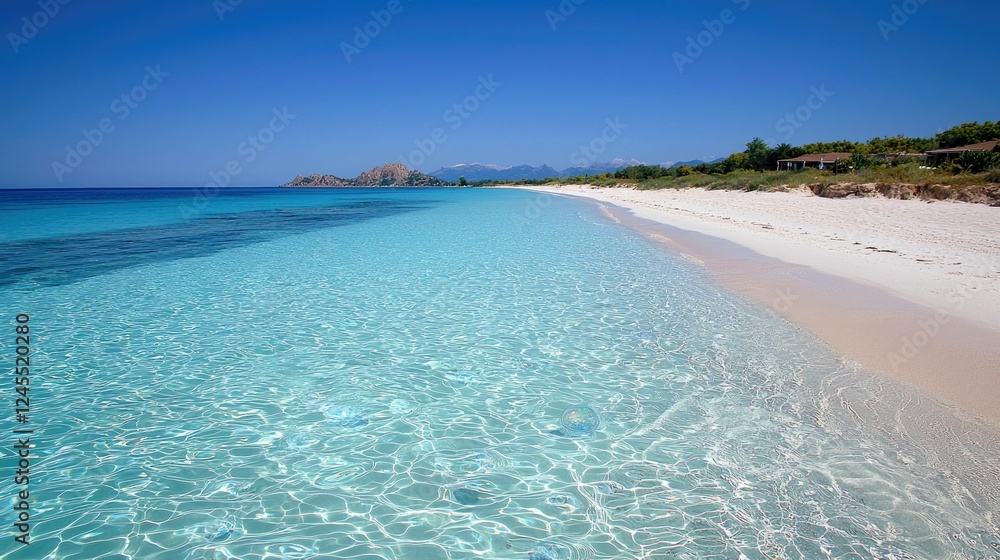 Obraz premium Stunning Turquoise Waters and Pristine Sandy Beach: An Idyllic Mediterranean Escape