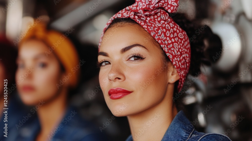 Fototapeta premium Retro Industrial Revival Denim Unity in Vintage Factory for Rosie The Riveter Day - Womens Empowerment and Spring Professional Networking Event