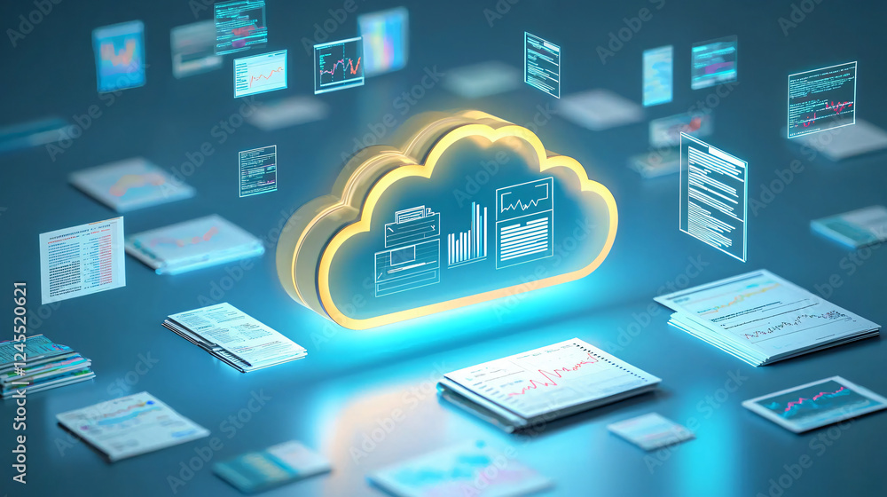 A glowing cloud storage icon surrounded by floating digital files and folders, including images, documents, and charts, softly drifting upward. The background is a gradient of calming blues, creating A glowing cloud storage icon surrounded by floating digital files and folders, including images, documents, and charts, softly drifting upward. The background is a gradient of calming blues, creating
