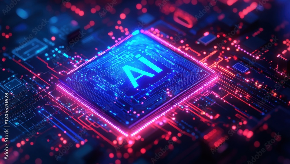 Futuristic AI Circuit Board Design with Neon Lights and Digital Technology Elements Representing Artificial Intelligence and Advanced Computing Concepts Futuristic AI Circuit Board Design with Neon Lights and Digital Technology Elements Representing Artificial Intelligence and Advanced Computing Concepts