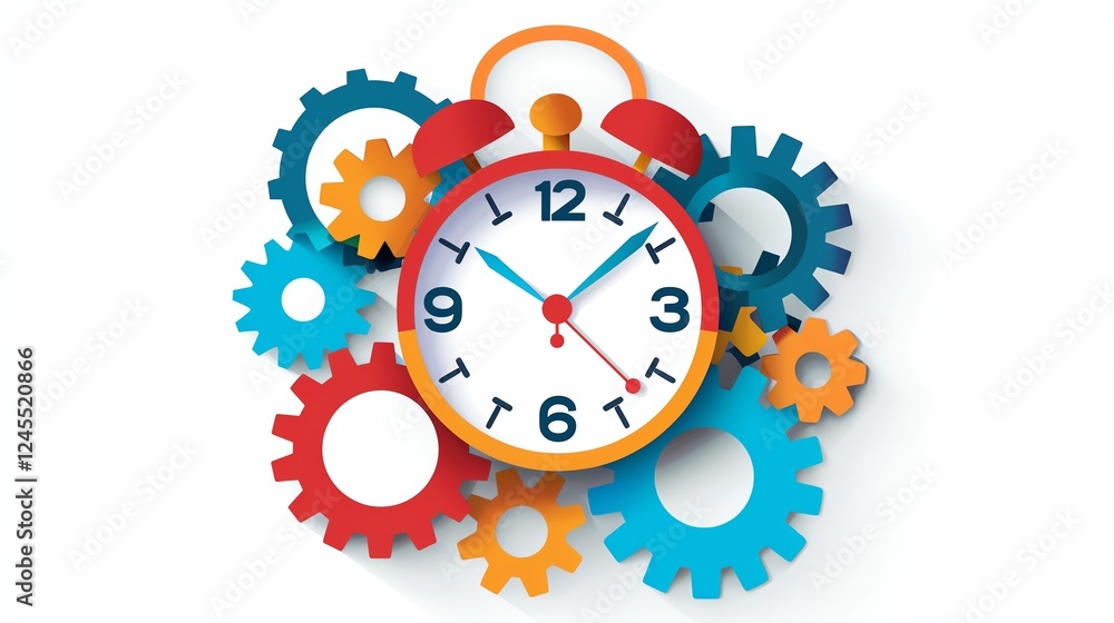 Colorful mechanical gears surround an alarm clock, symbolizing precise time management and intricate machinery concepts. Colorful mechanical gears surround an alarm clock, symbolizing precise time management and intricate machinery concepts.