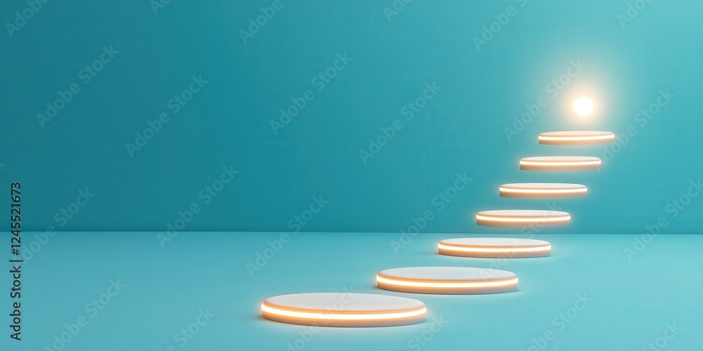 Obraz premium Leadership development skills goal-setting concept. Glowing steps leading to a bright light on a teal background.