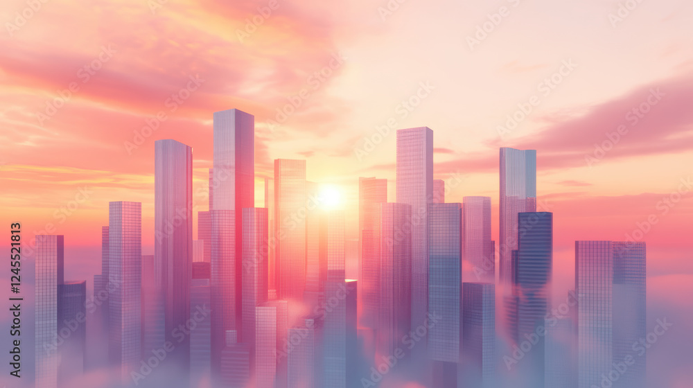Fototapeta premium Modern Cityscape at Sunset with Skyscrapers Rising Above Clouds in Vibrant Colors