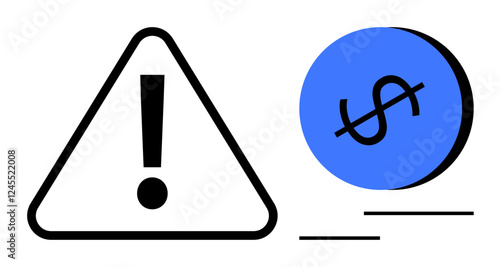 Warning triangle with bold exclamation mark and a rolling blue dollar sign coin. Ideal for financial caution, economics alerts, risk management, investment warnings, fiscal responsibility, economic