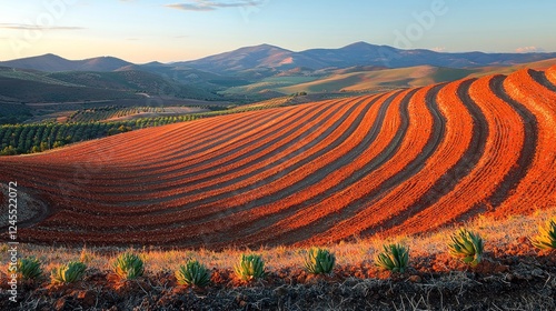 Sunset over Rolling Hills and Cultivated Fields: A Serene Landscape Photography