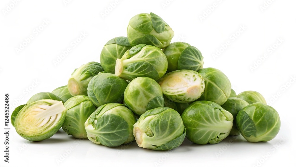 Crisp Brussels Sprouts: A Bountiful Harvest Pile, Isolated on White, Perfect for Culinary Designs Crisp Brussels Sprouts: A Bountiful Harvest Pile, Isolated on White, Perfect for Culinary Designs