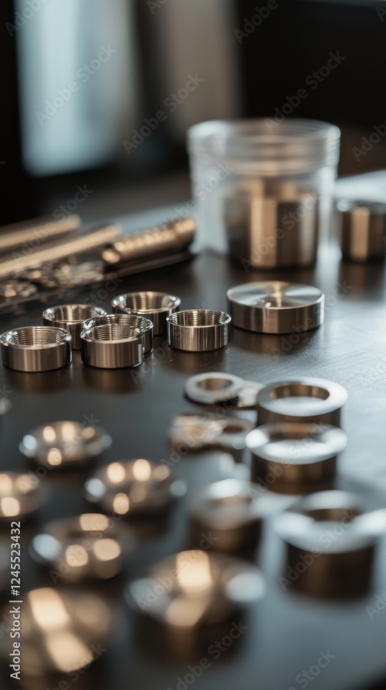 Precision Metal Components: A Close-Up View of Shiny, Reflective, and Diversely Shaped Metallic Pieces on a Dark Surface Precision Metal Components: A Close-Up View of Shiny, Reflective, and Diversely Shaped Metallic Pieces on a Dark Surface
