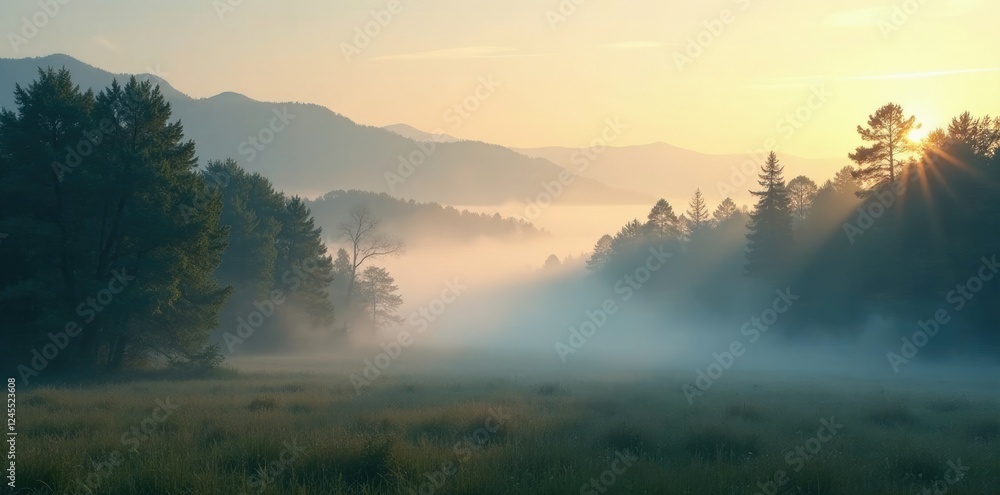 Naklejka premium Gentle morning fog rolling in over a still forest, forest, calm, trees