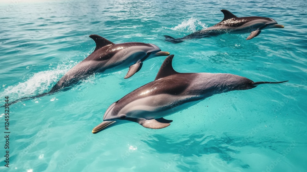 Naklejka premium Three Dolphins Swimming Gracefully in Turquoise Ocean Water