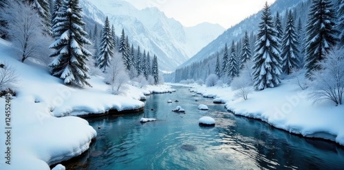Frozen river in Tatra valley, rocky landscape, snow-covered trees, tatra nationality, alps landscape, snowfall
