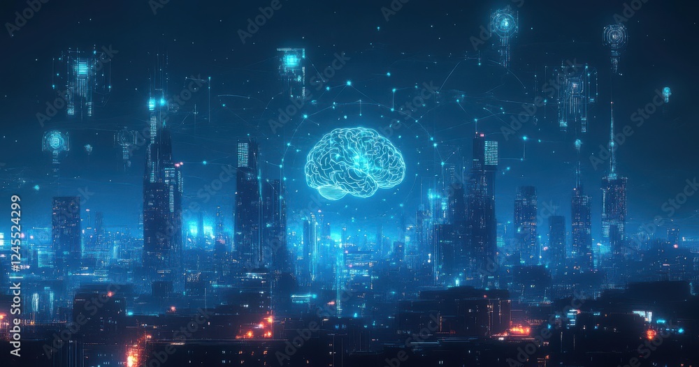 Obraz premium Futuristic City Skyline with Digital Brain Concept Illustrating Artificial Intelligence and Technology Integration in Urban Environments