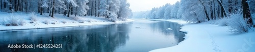 Frozen Dahme River with snowflakes falling gently, serene river, icy waterway photo